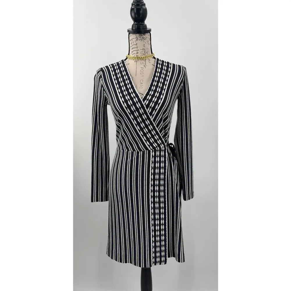 B44 Tory Burch Long Sleeve Jacquard Wrap Dress XS Navy Oxford Stripe Work Career